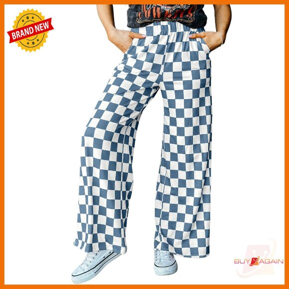 Women's Casual Checkered Pants Elastic Waist Loose Wide Leg with Pockets